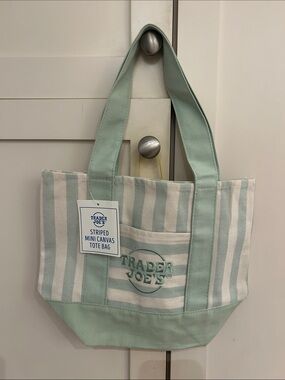 NWT Trader Joe's Striped Mini Canvas Tote Bag - Mint & White